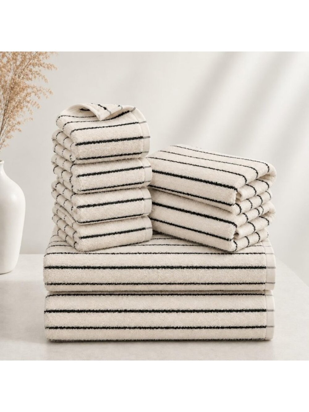 8 Pack Cotton Striped Bath Towels Set - Black & Ivory Soft Absorbent Towels